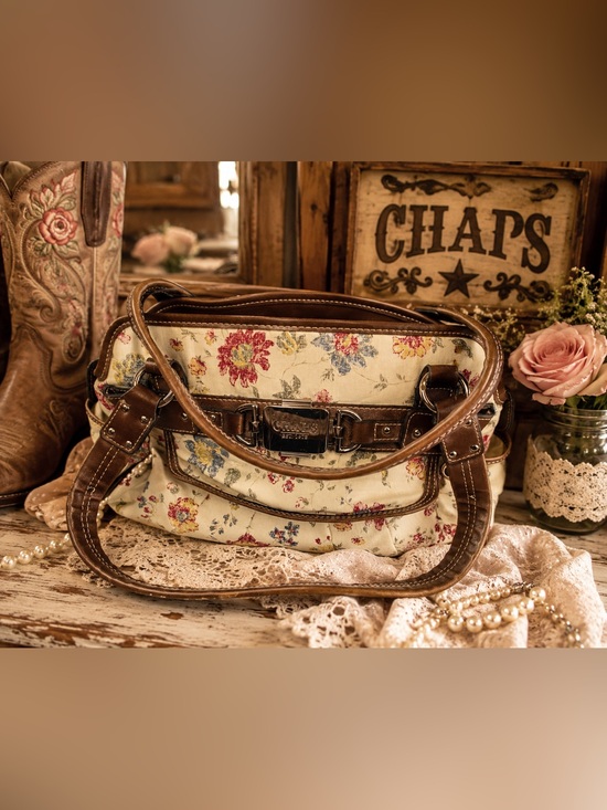 Chaps Handbags - CHAPS |  Cream Floral Shoulder Bag with Brown Leather Trim